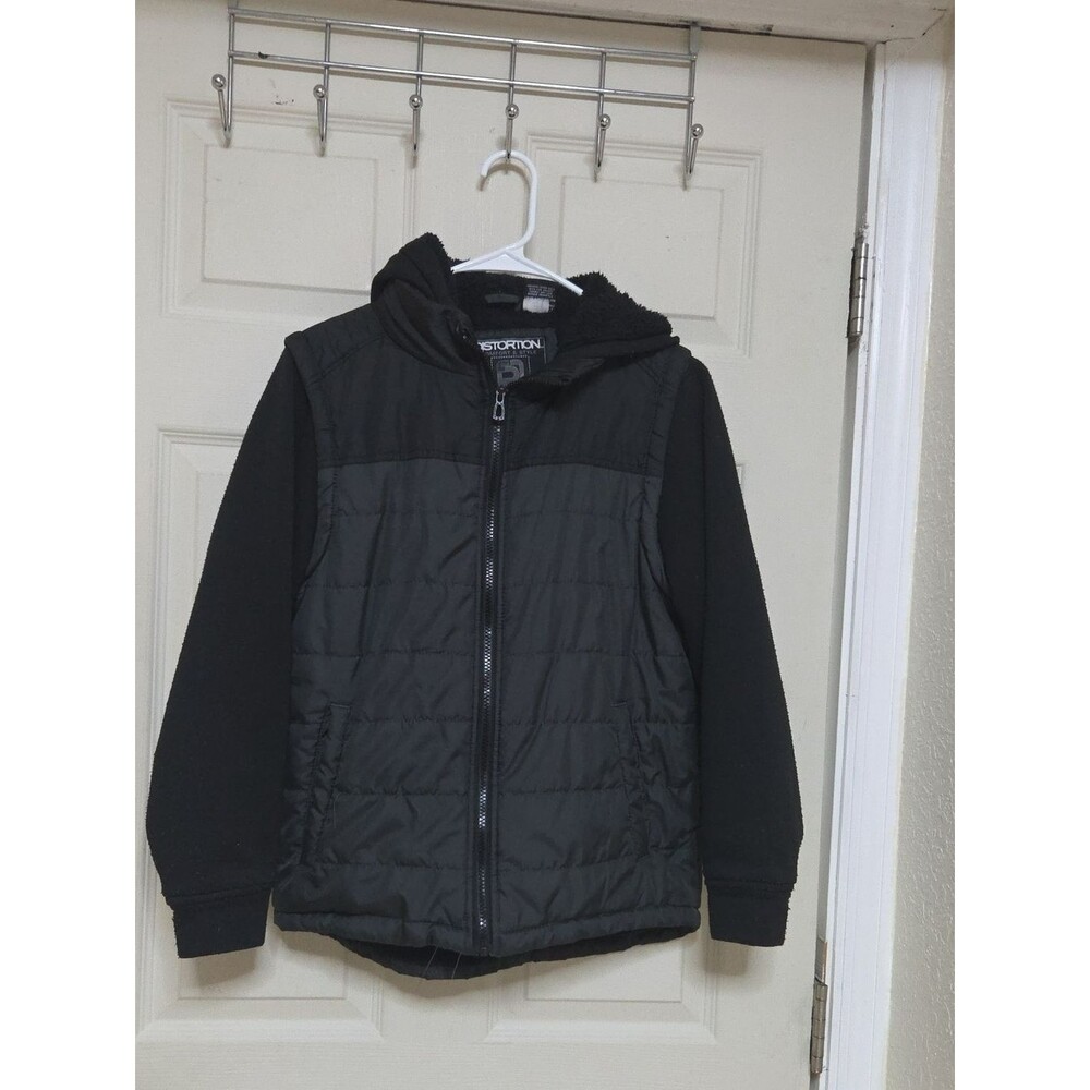 Distortion Kids Puffer Jacket Black Sherpa Hooded Winter Coat Size 10/12 M.